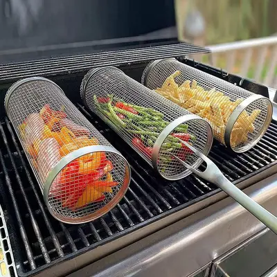 Stainless Steel BBQ Grill Basket, 1 Count Rotatable Barbecue Basket, Barbecue Tools, Portable Kitchen Accessories for Outdoor...