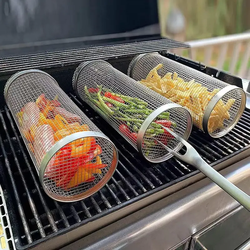Stainless Steel BBQ Grill Basket, 1 Count Rotatable Barbecue Basket, Barbecue Tools, Portable Kitchen Accessories for Outdoor...