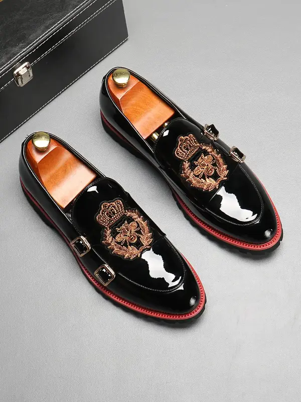 Men's Business Embroidered Design Slip on Dress Shoes, Fashionable Pointed Toe PU Leather Shoes for Work Office, Male All-mat...