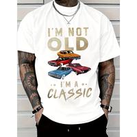 Men's Retro Car Pattern and 'I'm Not Old, I'm Classic' Printed T-Shirt - Black Crew Neck Short Sleeve Top, Suitable for All S...