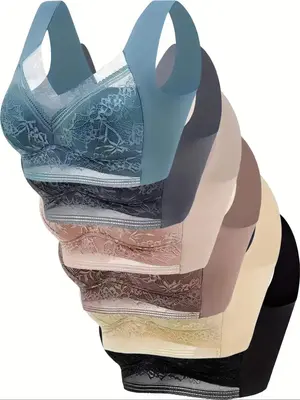 Women's Plain Floral Pattern Contrast Lace Wireless Bra, Soft Comfy Breathable Backless Design Bra, Women's Lingerie for All ...