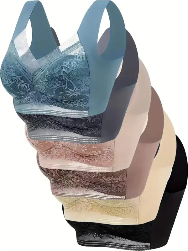 Women's Plain Floral Pattern Contrast Lace Wireless Bra, Soft Comfy Breathable Backless Design Bra, Women's Lingerie for All ...