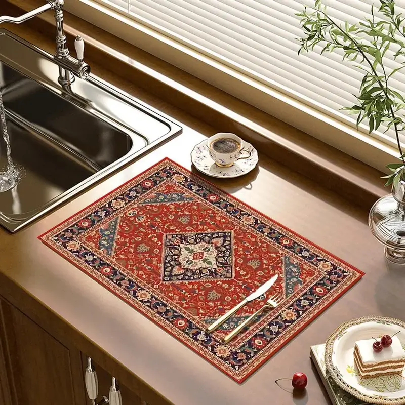 Kitchen Dish Drying Mat, 1 Count Bohemian Style Non-slip Dish Drying Mat, Simple Draining Mat, Table Decoration for Home Kitc...