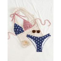 Swim Mod 2pcs/Set Women's Beach Summer Vacation Halter Backless Top And Side Strap Swim Bottom 4th Of July Bikini Set