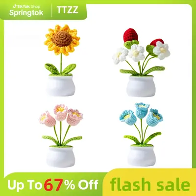 TTZZ Handmade Crochet Bouquet Potted Flowers - Artificial Flower with Exquisite Pot Decor, Knitted Design, Includes Fruit Dec...