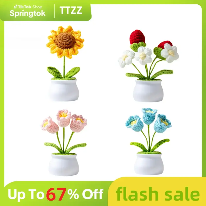 TTZZ Handmade Crochet Bouquet Potted Flowers - Artificial Flower with Exquisite Pot Decor, Knitted Design, Includes Fruit Dec...
