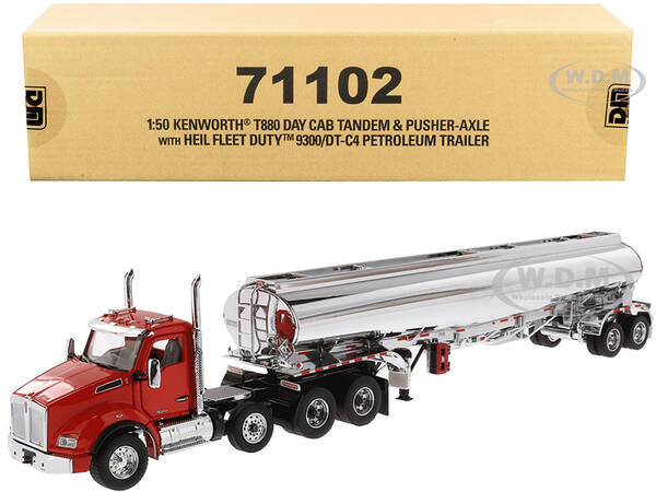 Kenworth T880 Day Cab Tandem Truck with Pusher-Axle and Heil Fleet Duty 9300/DT-C4 Petroleum Tanker Trailer Red and Chrome \