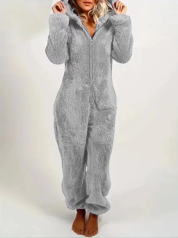 Women's Solid Zipper Hooded Plush Pajama Jumpsuit, Casual Long Sleeve Teddy Bear Ear Design Jumpsuit for Fall & Winter, Women...