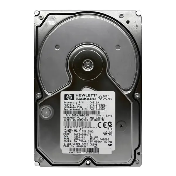 D4911-63001 HP 9.1GB Ultra WIDE SCSI 7200 3.5-inch 2MB Hard Drive