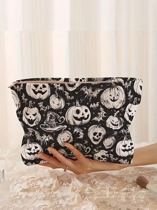 Pumpkin Pattern Makeup Bag, Casual Fashion Multi-functional Storage Bag, Halloween Themed Travel Makeup Bag, Suitable for Wo...