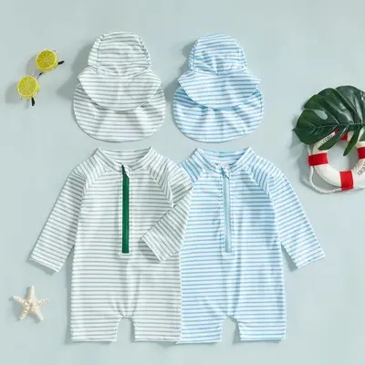 Toddler Boys Girls Rash Guard Swimsuit with Hat 2 Pcs Set Striped Pattern Zip Up Long Sleeve Crew Neck Baby Swimwears