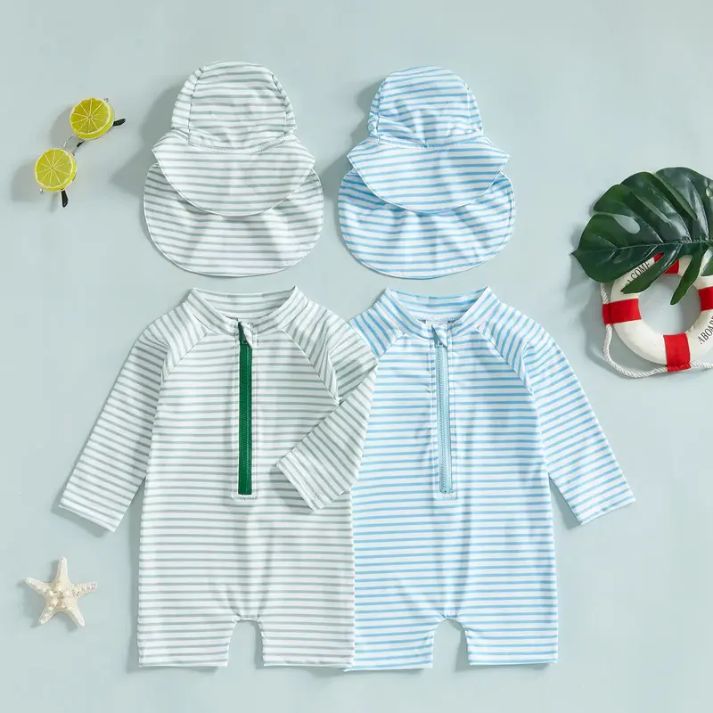 Toddler Boys Girls Rash Guard Swimsuit with Hat 2 Pcs Set Striped Pattern Zip Up Long Sleeve Crew Neck Baby Swimwears