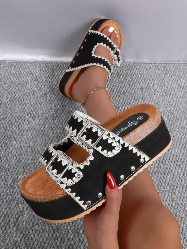 Women's Fashionable Rivet Design Slip on Wedge Sandals, Boho Style Ethnic Pattern Design Trendy Casual Outdoor Sandals for Be...