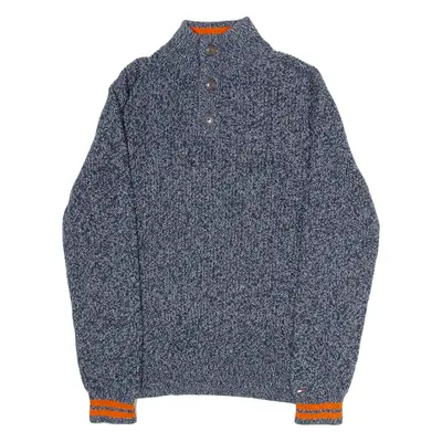 TOMMY HILFIGER Buttoned Neck Mens Jumper Blue Collared Tight Knit M