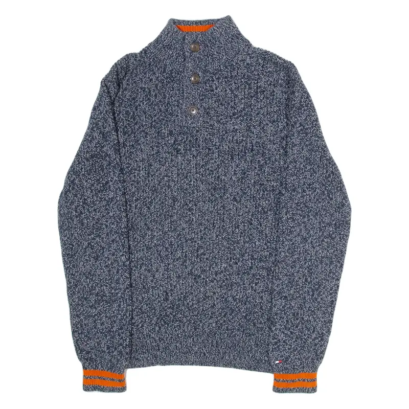 TOMMY HILFIGER Buttoned Neck Mens Jumper Blue Collared Tight Knit M