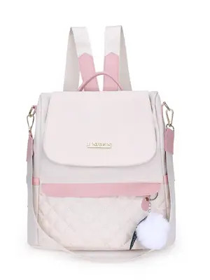 Women's Summer 2024 Preppy Nylon Backpack with Pompom Charm, Trendy Large Capacity Waterproof Zipper School Bag, Fashionable ...