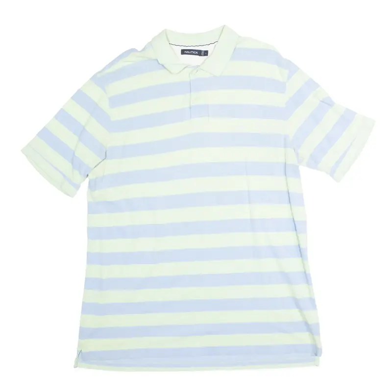 NAUTICA Embroidered Pastel Green Striped Long Sleeve Polo Shirt Mens L
