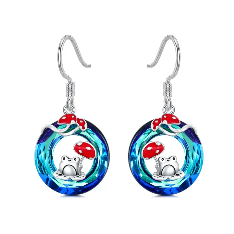 Sterling Silver Round Crystal Frog & Mushroom Drop Earrings