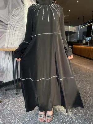 Women's Rhinestone Decor Long Sleeve Dress, Modest Elegant Muslim Dress, Ladies Islamic Clothing for All Seasons