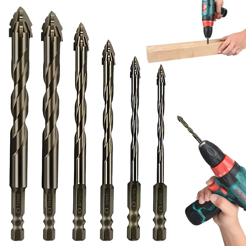 6 Pcs Four-Flute Sawtooth Eccentric Drill Bit Set, Heavy-Duty Carbide Tip for Stone Glass Concrete Wood Brick Metal (4/5/6/8/...