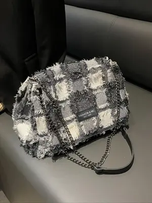 Women's Fashion Checked Plaid Pattern Shoulder Bag, Luxury Bags, Large Capacity Raw Trim Underarm Bag, Casual Trendy Versatil...