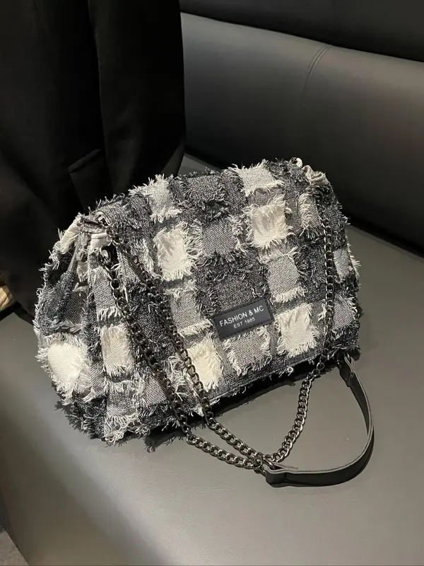 Women's Fashion Checked Plaid Pattern Shoulder Bag, Luxury Bags, Large Capacity Raw Trim Underarm Bag, Casual Trendy Versatil...