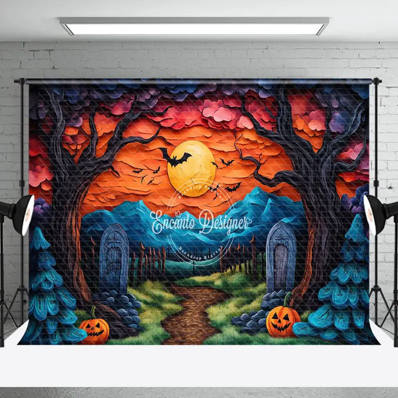 Aperturee Moon Night Cemetery Brown Trunk Halloween Backdrop - Aperturee
