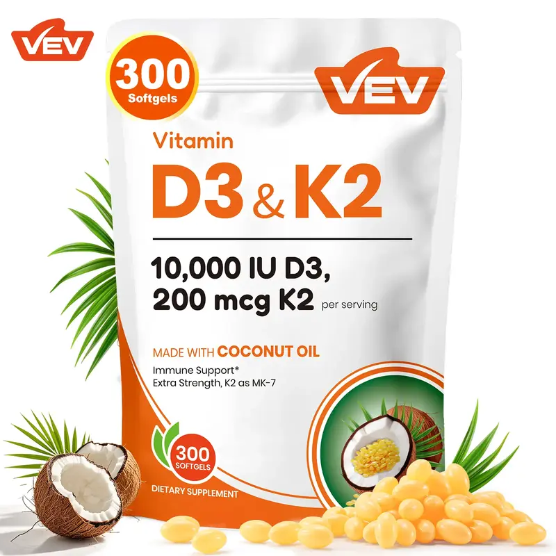 VEV Vitamin D3 K2 10000 IU, 2 in 1 Vitamins Supplement D & K, Virgin Coconut Oil, 300 Softgels
