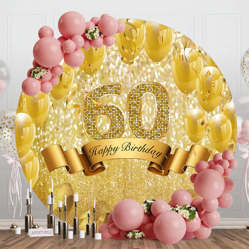 Aperturee Gold Balloons Glitter Round 60Th Birthday Backdrop | Round Party Backdrop | Custom Round Backdrop | Custom Round Bi...