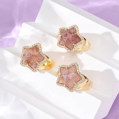 Star Natural Strawberry Quartz Cubic Zirconia Cuff Rings