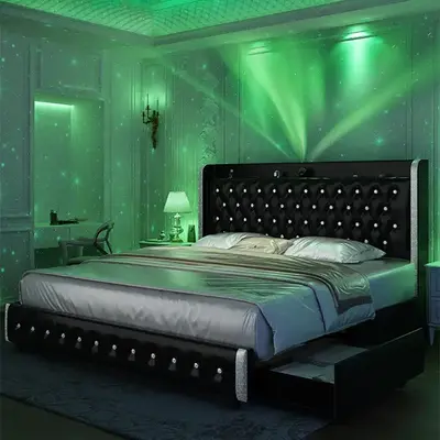 Queen Wingback Modern Platform Bed with Smart Galaxy Projector, 4 Dust-Proof Storage Drawers, LED Frame, USB Ports, Noise-Fre...
