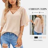 SHEWIN 2025 Summer Womens Summer Clothes Batwing Top, Casual V Neck Loose 3/4 Sleeve Chiffon Blouse Shirt, Pleated Flowy Tuni...