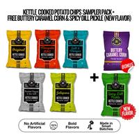 Pop Daddy Kettle Cooked Potato Chips Sampler Pack + BUTTERY CARAMEL CORN (BONUS!!) + SPICY DILL PICKLE (NEW FLAVOR!!) | 6 pac...