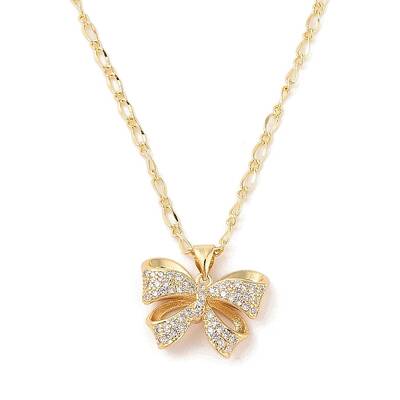Brass Micro Pave Clear Cubic Zirconia Bowknot Pendant Necklaces for Women