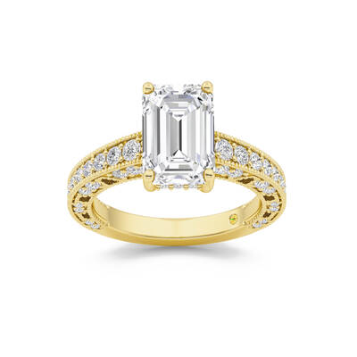 Myrra Vintage Inspired Pavé Set Emerald Cut Lab Grown Diamond Engagement Ring | 14K Yellow Gold 3 3/8 CT. TW.