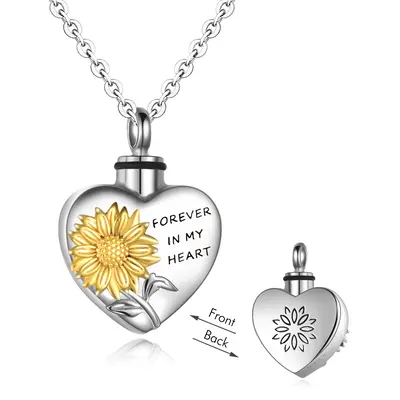 Sterling Silver Two-tone Sunflower & Heart Urn Necklace for Ashes with Engraved Word