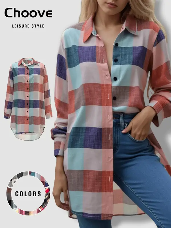 Women's Plaid Print Button Front Long Shirt, Casual Loose Collared Top for Spring & Fall, Women's Clothes for Daily Wear, ...