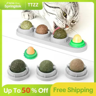 Edible Silvervine Catnip Wall Balls, Rotatable Licking Cat Snack Toy, Safe & Healthy Kitten Chew Toy for Cat Teeth Cleaning a...