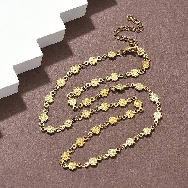 304 Stainless Steel Textured Flower Link Chain Necklaces