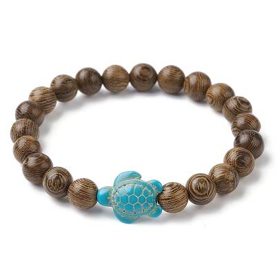 Natural Wood Round & Synthetic Turquoise Turtle Beaded Stretch Bracelet for Women