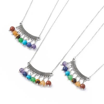 Natural Mixed Gemstone Beaded Curved Rectangle Pendant Necklace