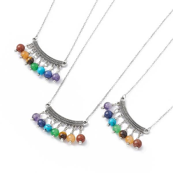 Natural Mixed Gemstone Beaded Curved Rectangle Pendant Necklace