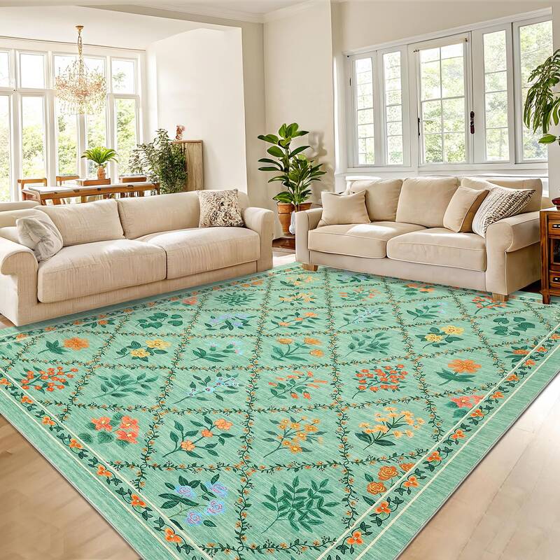 Garvee Washable Floral Living Room Rug 8x10 Large Stain-Resistant Soft Polyester Non-Slip Backing Farmhouse Accent for Bedroo...
