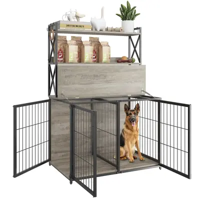 Garvee Wooden Dog Crate Furniture End Table with Flip Top and Movable Divider, 42.5 Inch Dog Cage with Storage Shelves, Large...