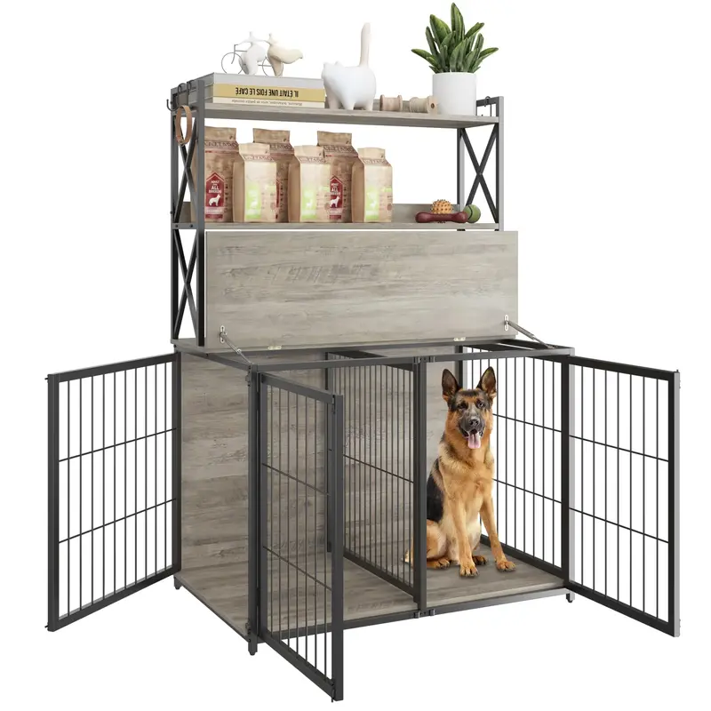 Garvee Wooden Dog Crate Furniture End Table with Flip Top and Movable Divider, 42.5 Inch Dog Cage with Storage Shelves, Large...
