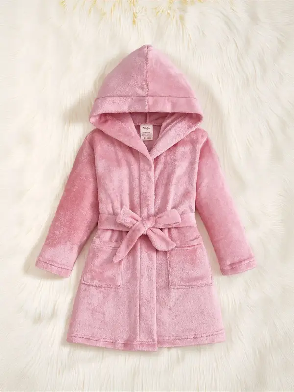 Kids Hooded Bathrobe with Adjustable Waist Belt, Dual Pockets Design, Fitted Casual Style for Boys & Girls Aged 4-13 Years Ol...