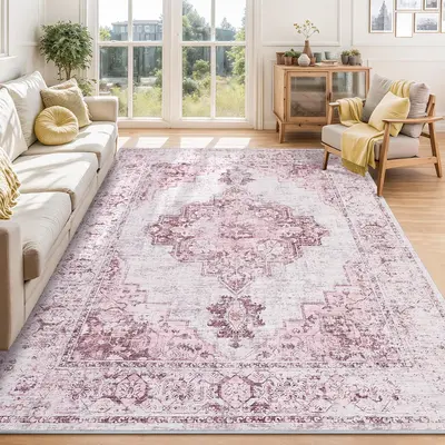 Garvee 10x13 Pink Area Rugs for Living Room Washable, Soft Vintage Large Bedroom Rugs Boho Farmhouse Low Pile Non-Slip Indoor...