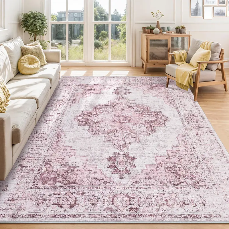 Garvee 10x13 Pink Area Rugs for Living Room Washable, Soft Vintage Large Bedroom Rugs Boho Farmhouse Low Pile Non-Slip Indoor...