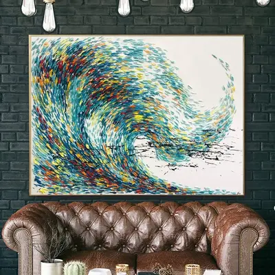 Large Abstract Painting Canvas Colorful Wave Painting Blue Wall Art Original Oil Painting Thick Texture Impasto Artwork for H...