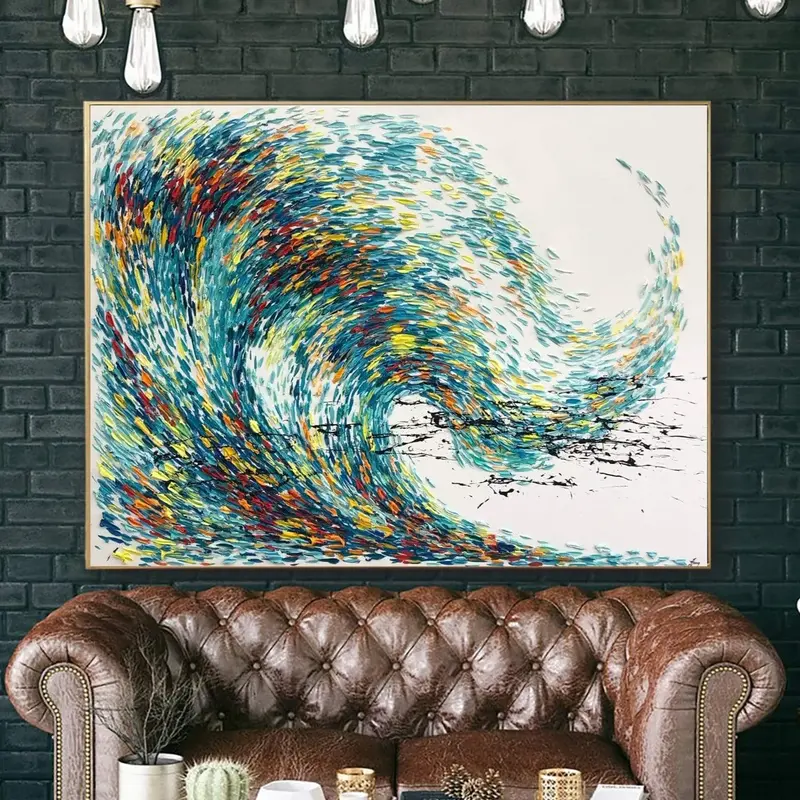 Large Abstract Painting Canvas Colorful Wave Painting Blue Wall Art Original Oil Painting Thick Texture Impasto Artwork for H...